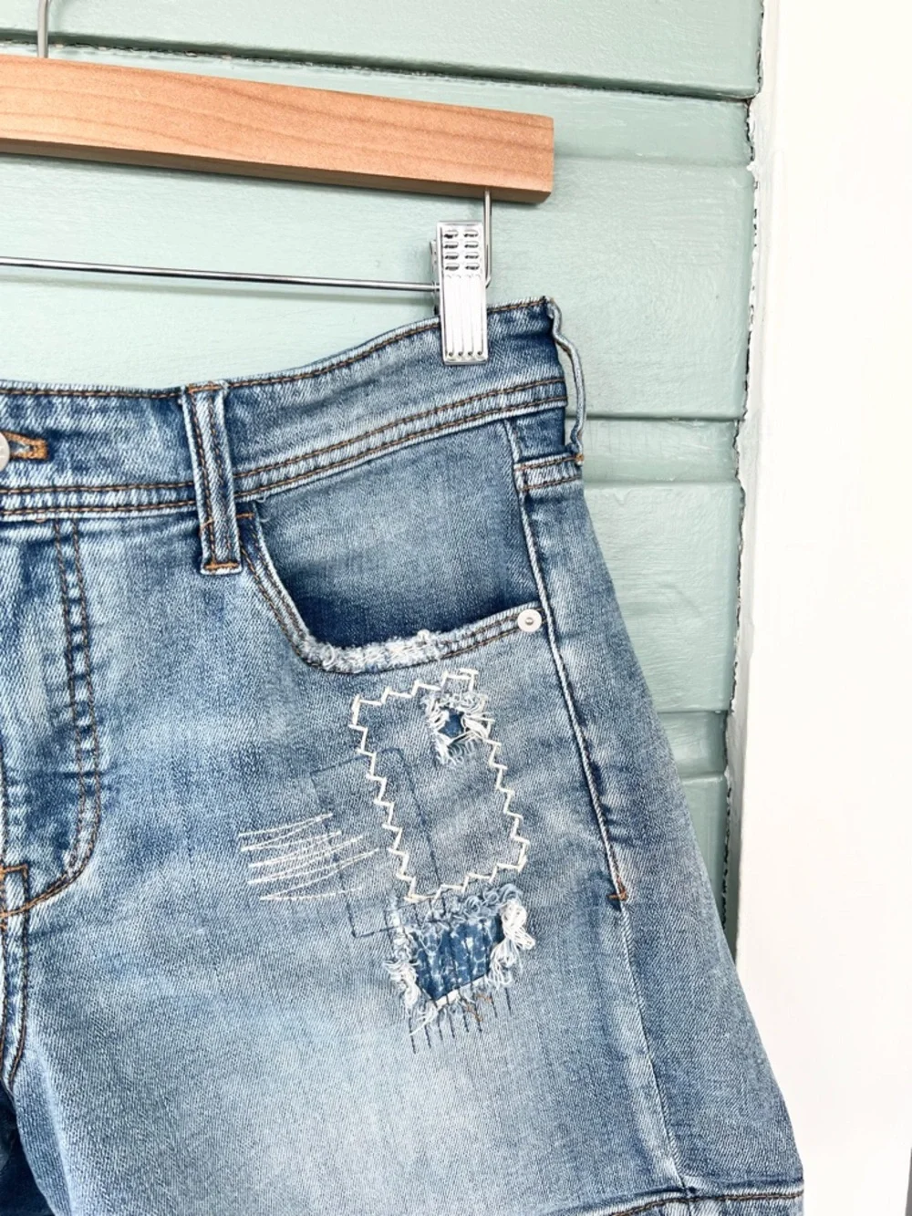 Anthropologie Light Blue Distressed Denim Shorts - Picture 3 of 11